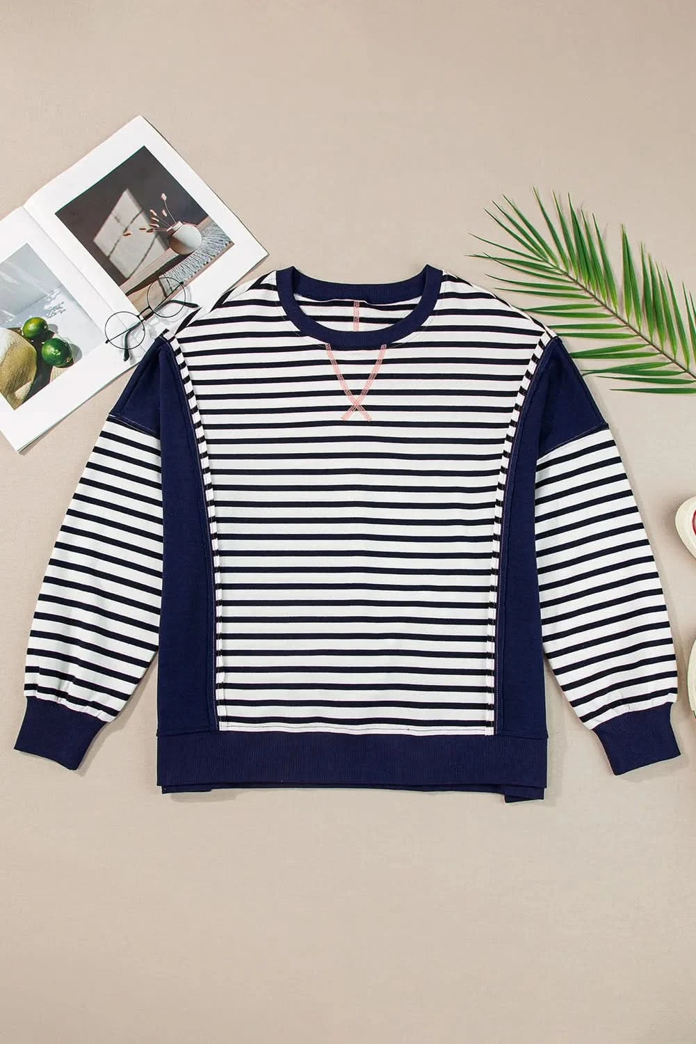 Chic striped long sleeve sweatshirt with exposed seams