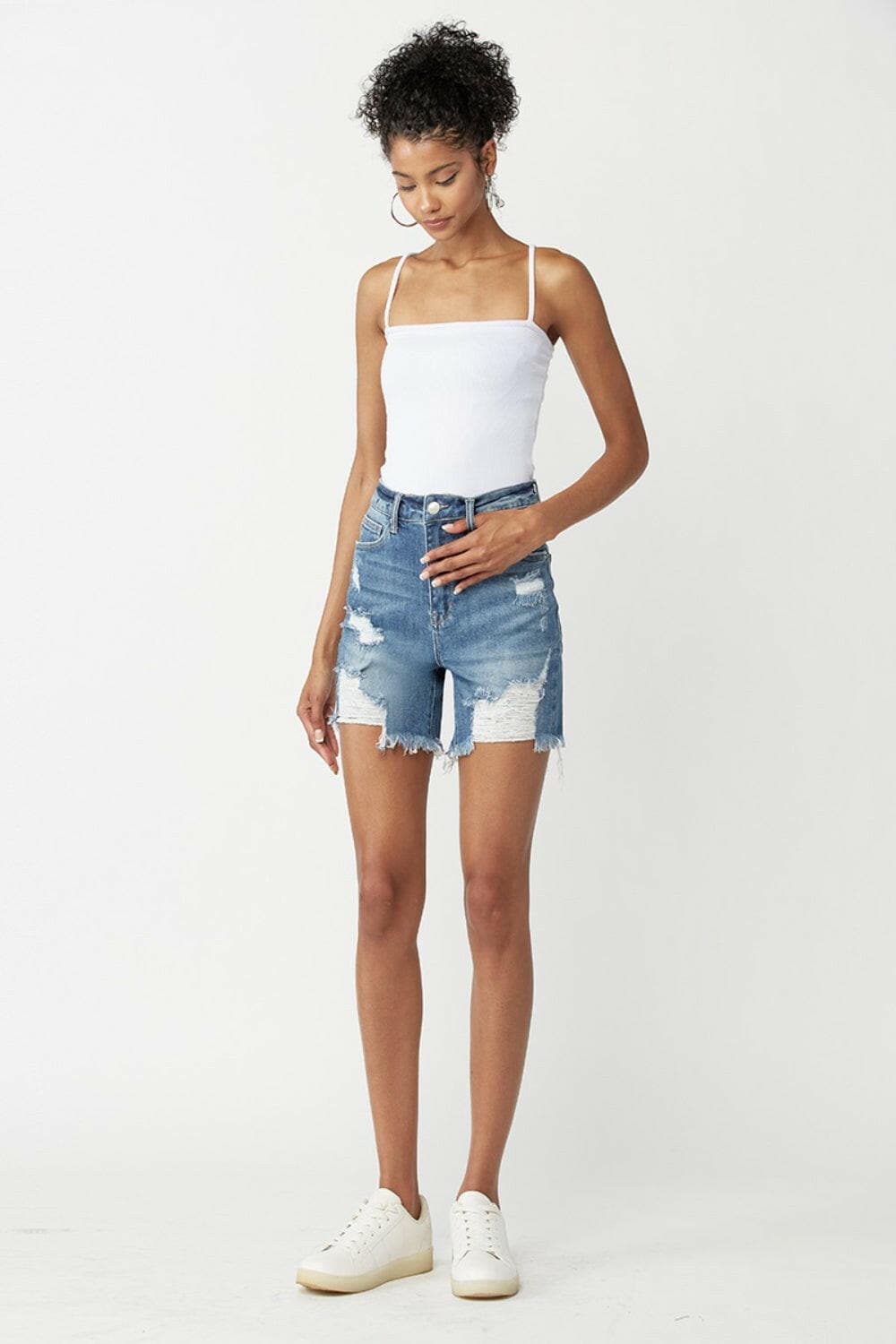 RISEN High Waisted Distressed Denim Shorts.