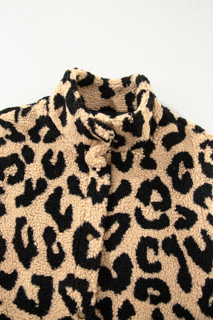 Premium Khaki Leopard Sherpa Button Front Plus Size Vest Jacket