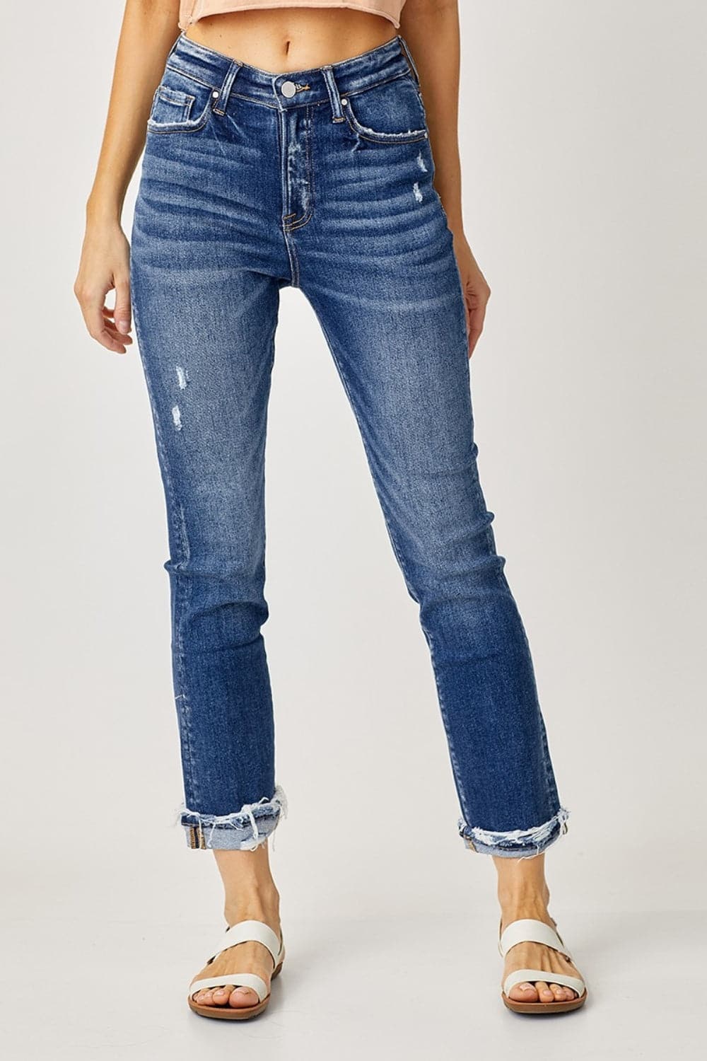 Risen Full Size High-Rise Frayed Cuffed Straight Jeans.