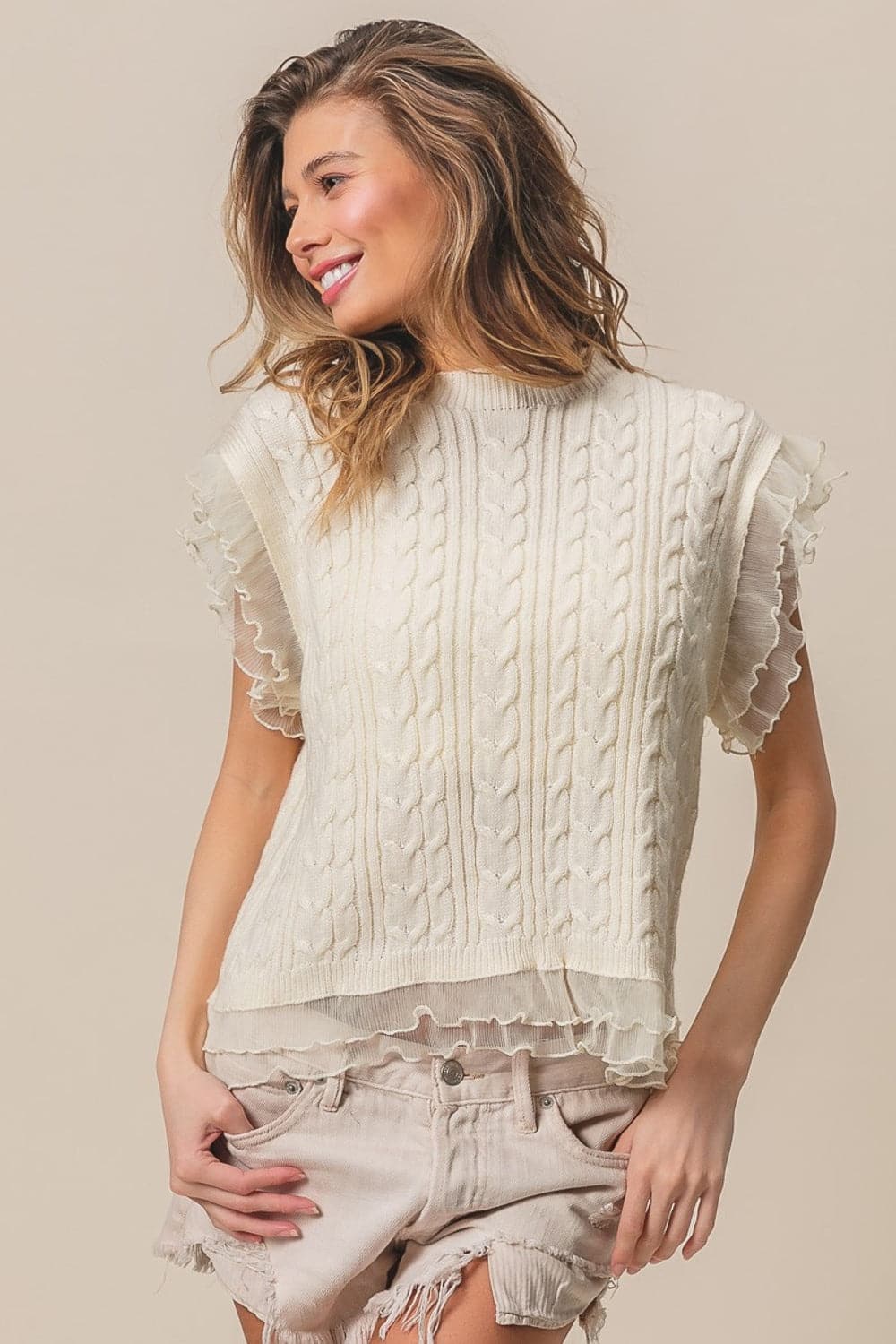 BiBi Layered Pleat Chiffon Edge Cable Knit Top.