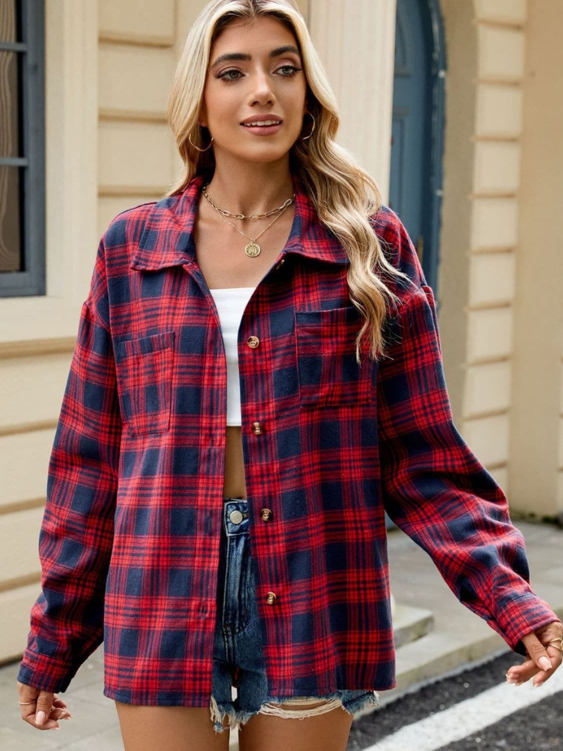 Plaid Collared Neck Long Sleeve Shirt.