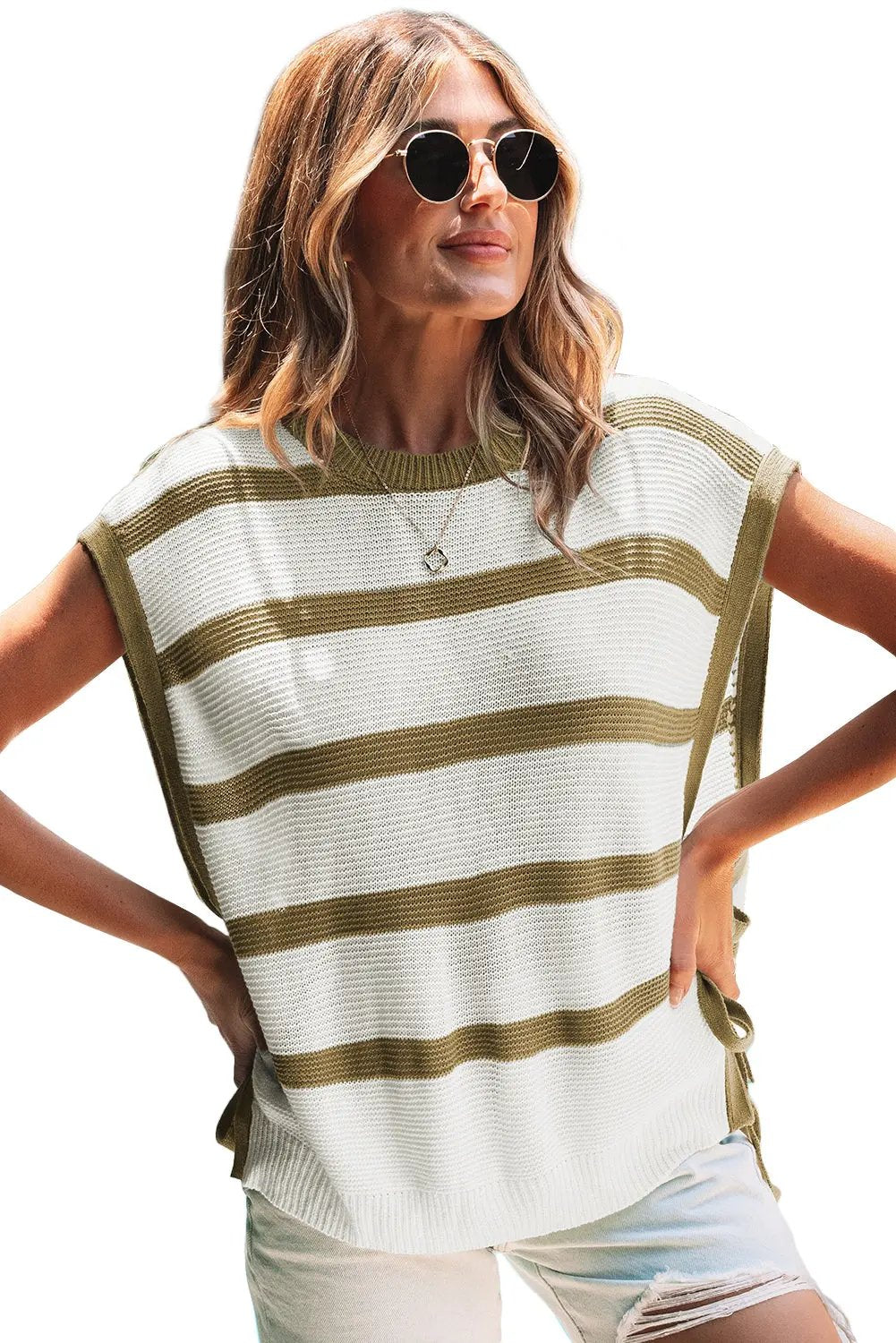 Khaki Stripe Tie Open Side Sweater Knitted Top for Women Love Salve