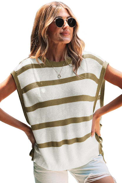 Khaki Stripe Tie Open Side Sweater Knitted Top for Women