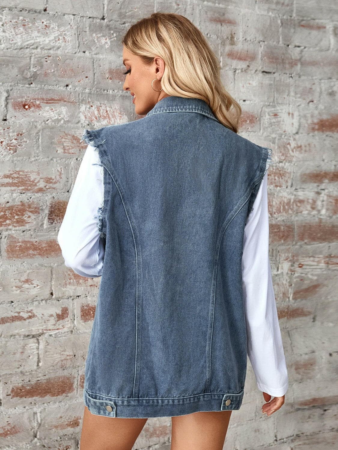 Raw Hem Sleeveless Button Up Denim Jacket.