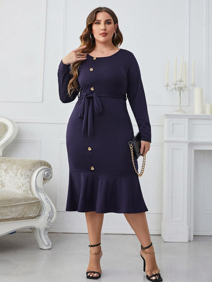 Melo Apparel Plus Size Buttoned Round Neck Tie Belt Midi Dress.