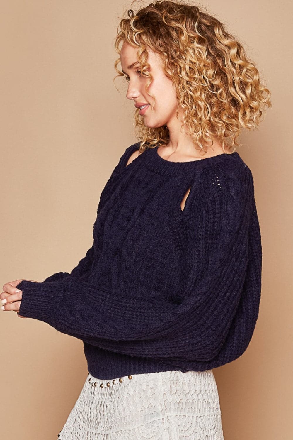 POL Cable Knit Cutout Long Sleeve Sweater.