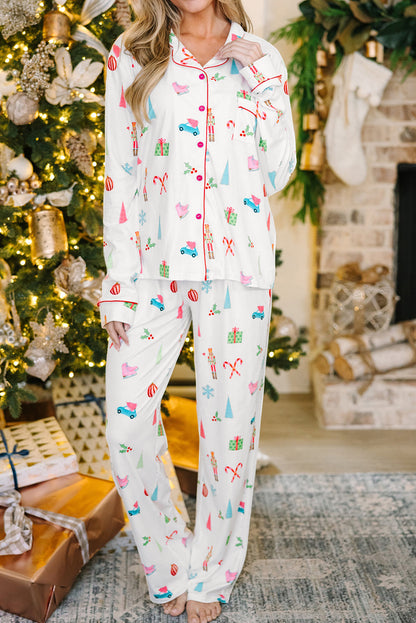 Festive White Christmas Lapel Shirt and Pants Sleep Set