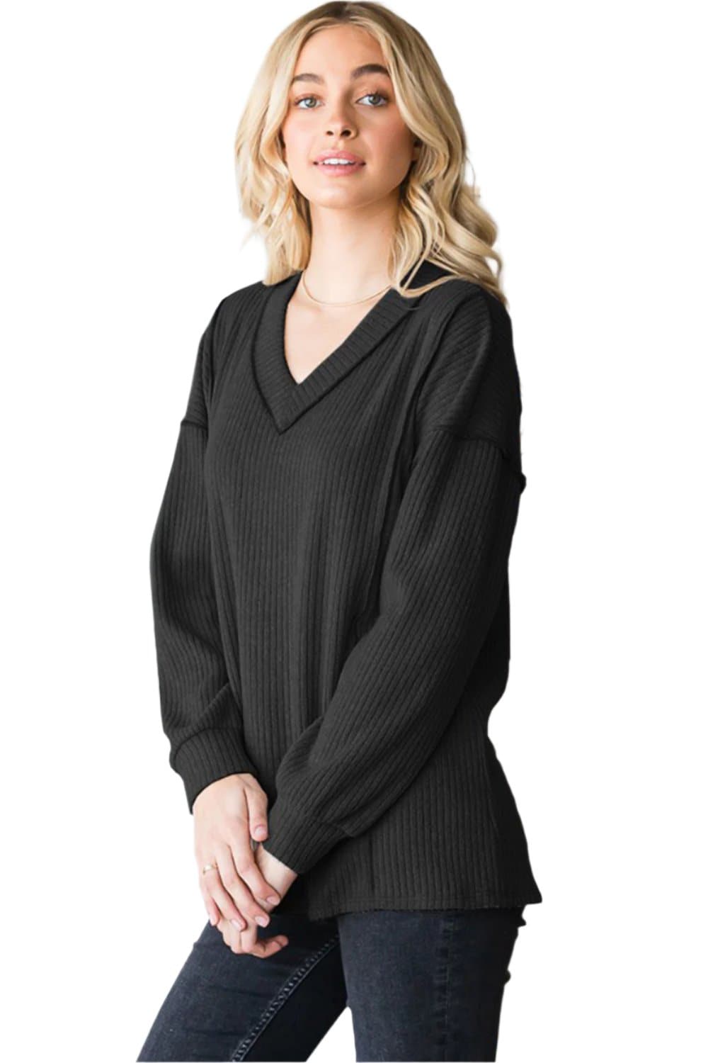 Heimish Full Size Ribbed V-Neck Exposed Seam Top.