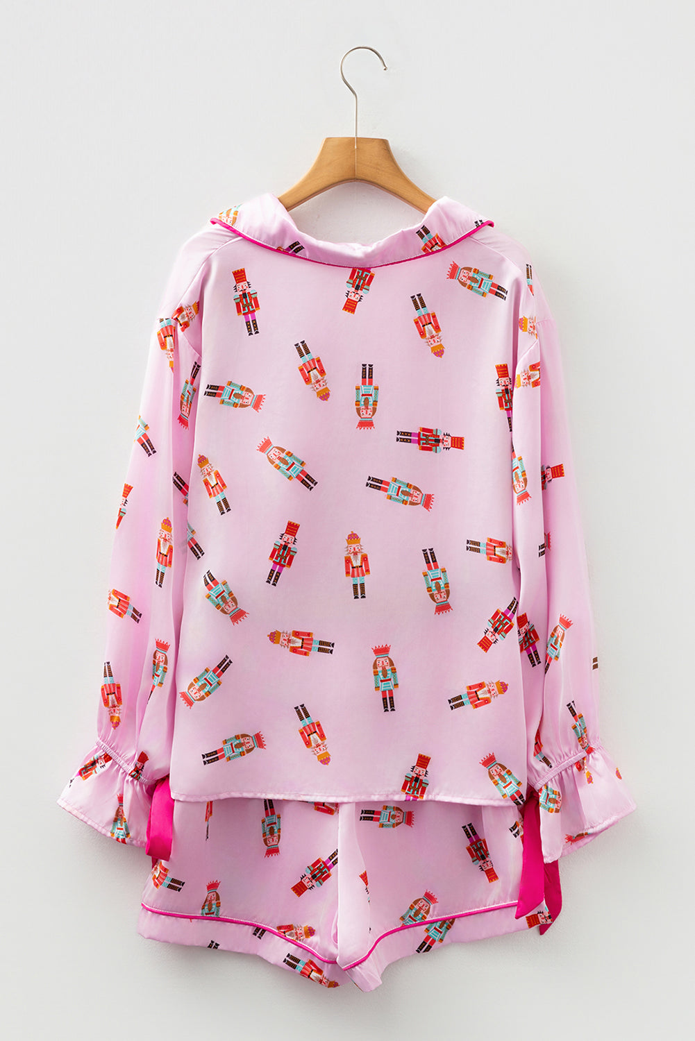 Pink Nutcracker Print Two Piece Pajama Set Contrast Trim Bow