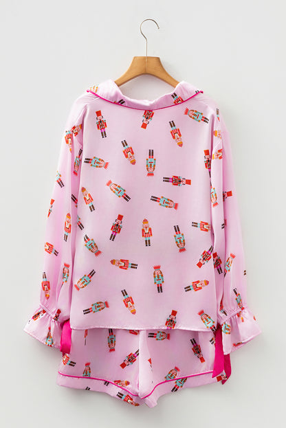 Pink Nutcracker Print Two Piece Pajama Set Contrast Trim Bow