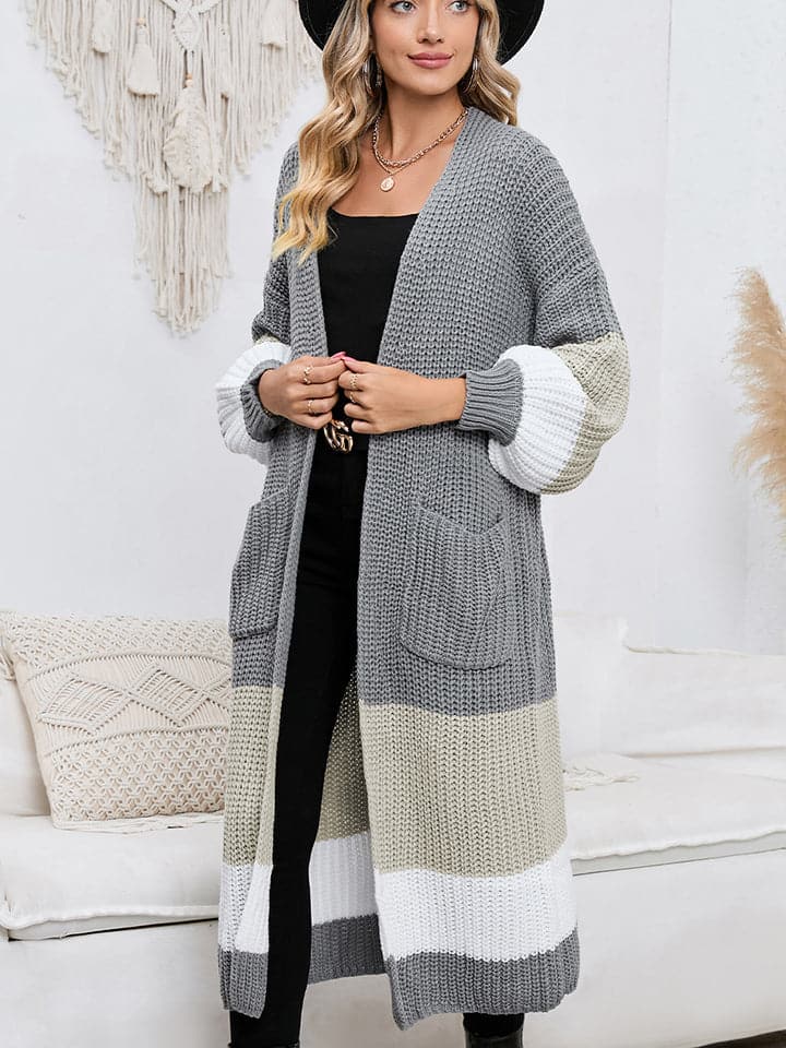 Color Block Long Sleeve Pocketed Cardigan.