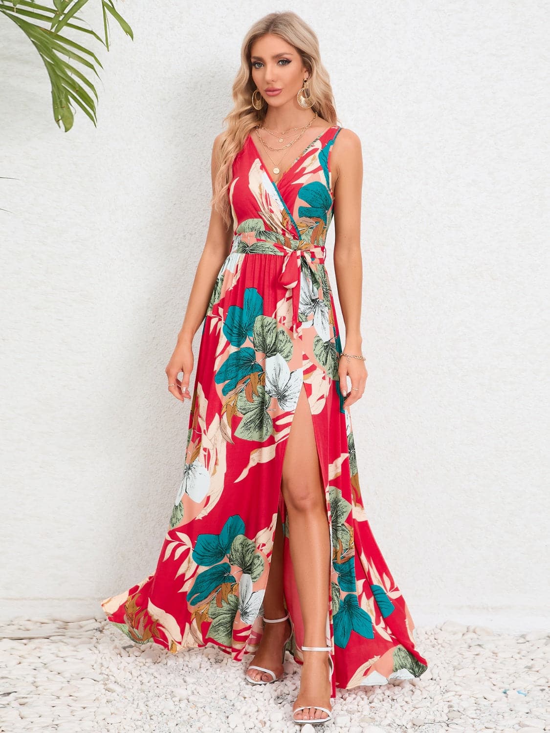 Slit Tied Printed Surplice Dress.