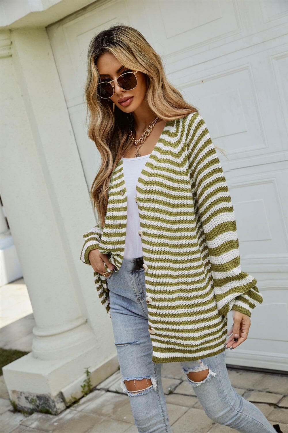 Striped Button Up Long Sleeve Cardigan.