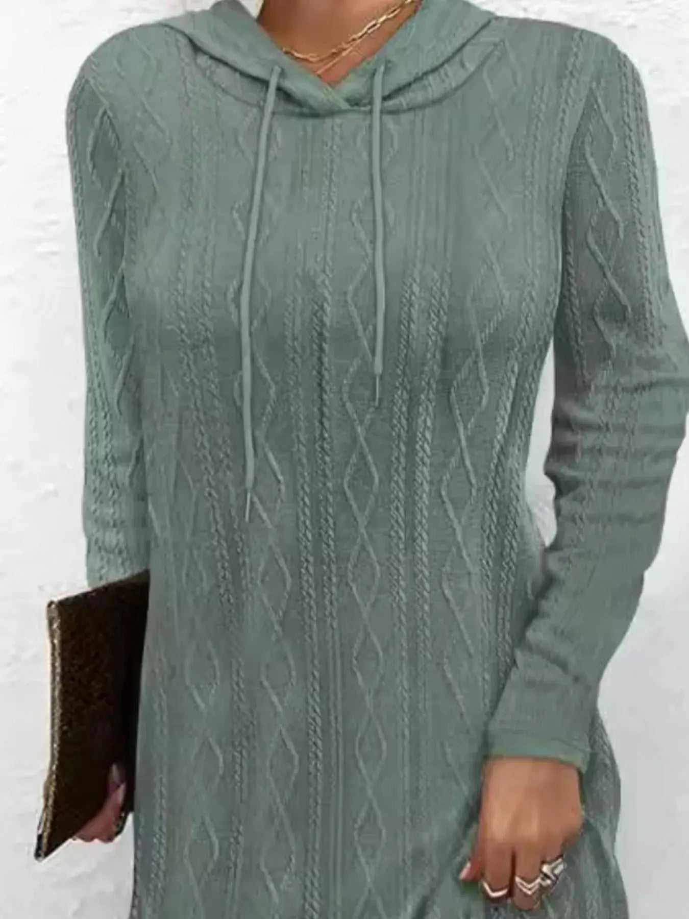Casual Long Sleeve Hooded Cable Knit Dress With Drawstring Slit Simply Love