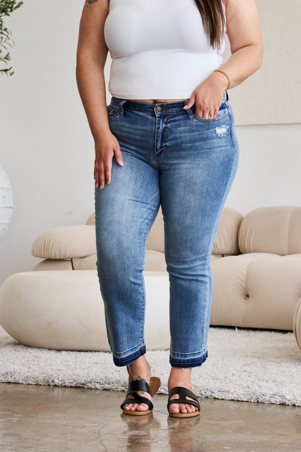 Judy Blue Full Size Release Hem Cropped Bootcut Jeans.