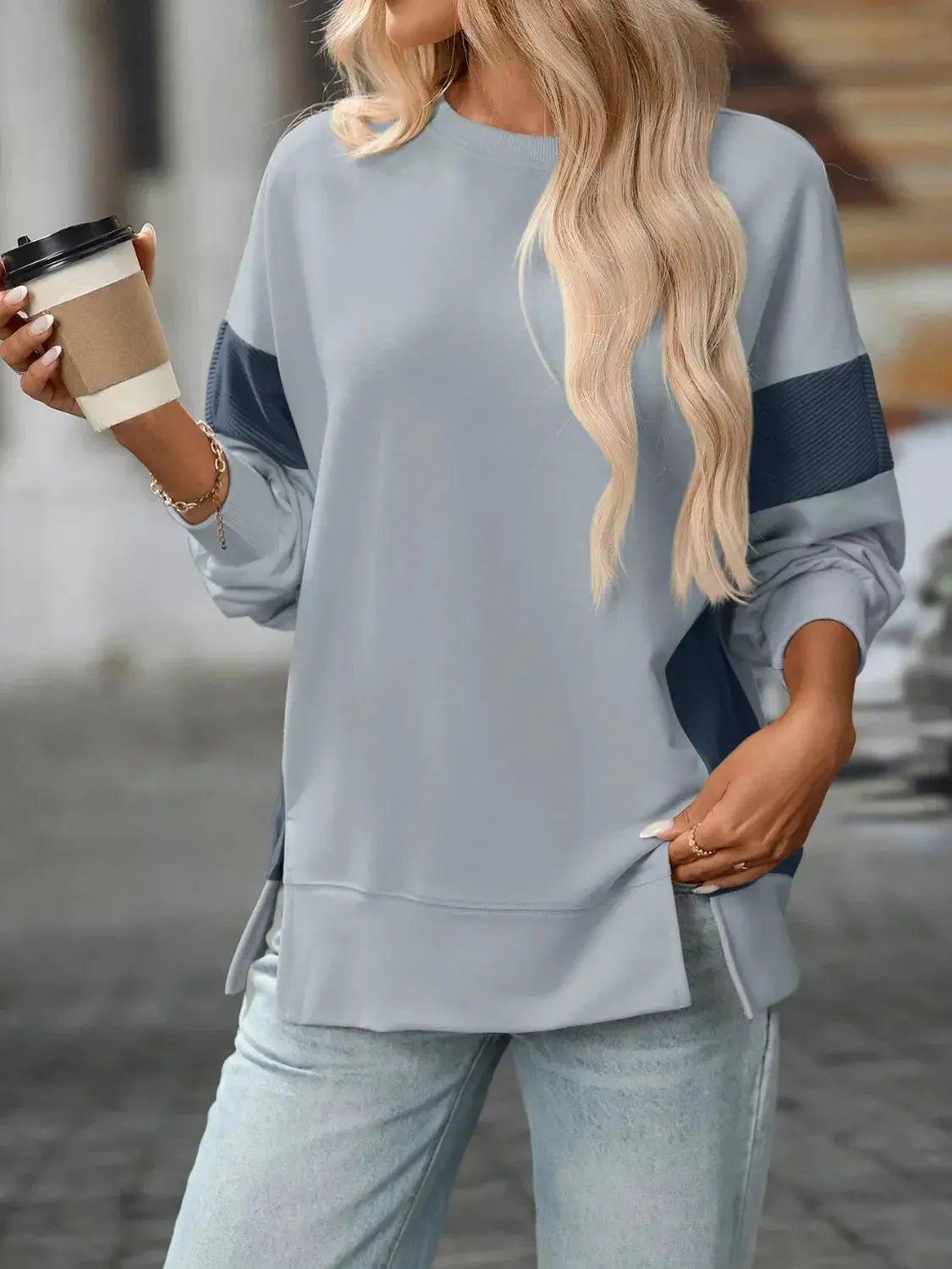 Side Slit Round Neck Sweatshirt Simply Love