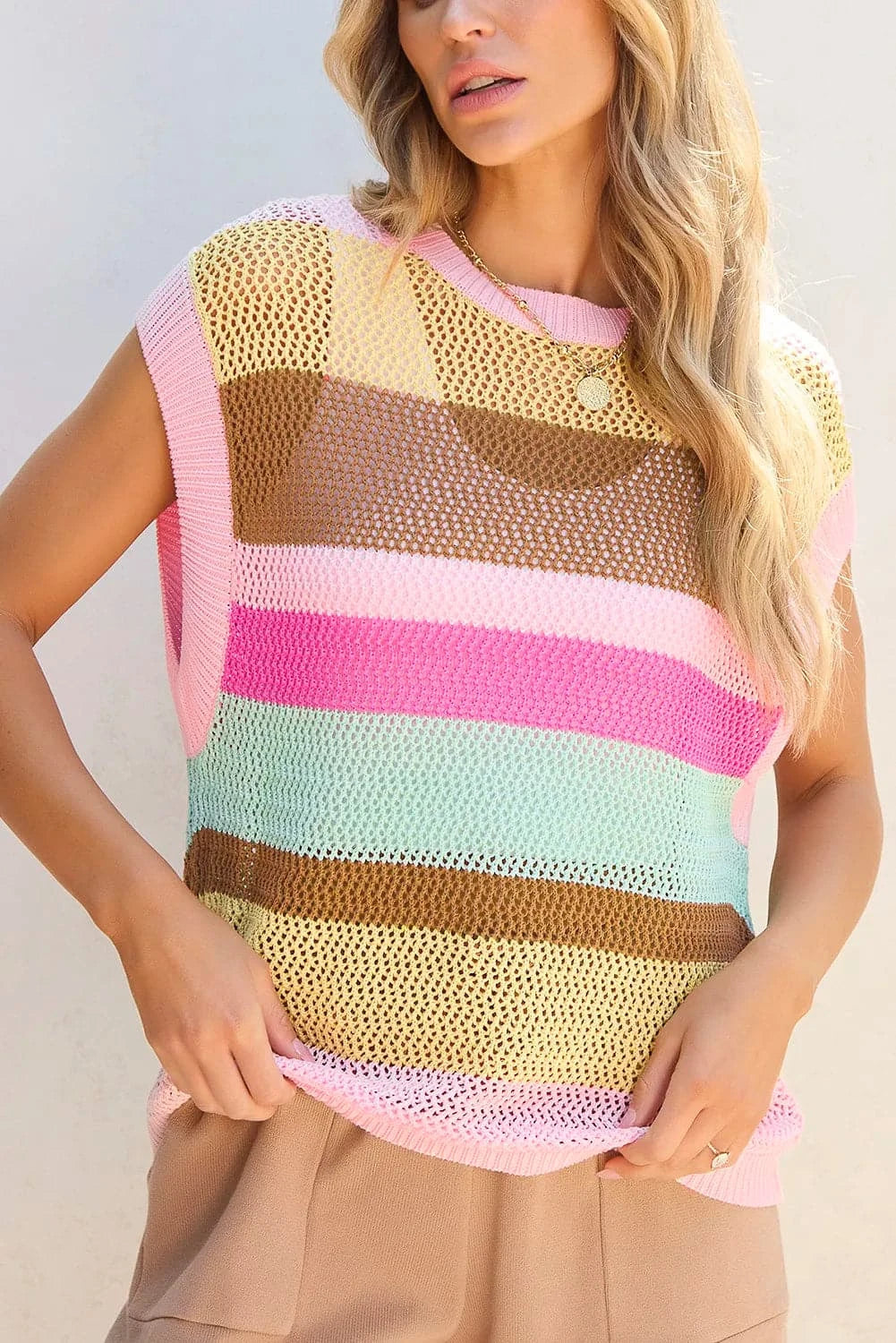 Color Block Round Neck Cap Sleeve Knit Top.