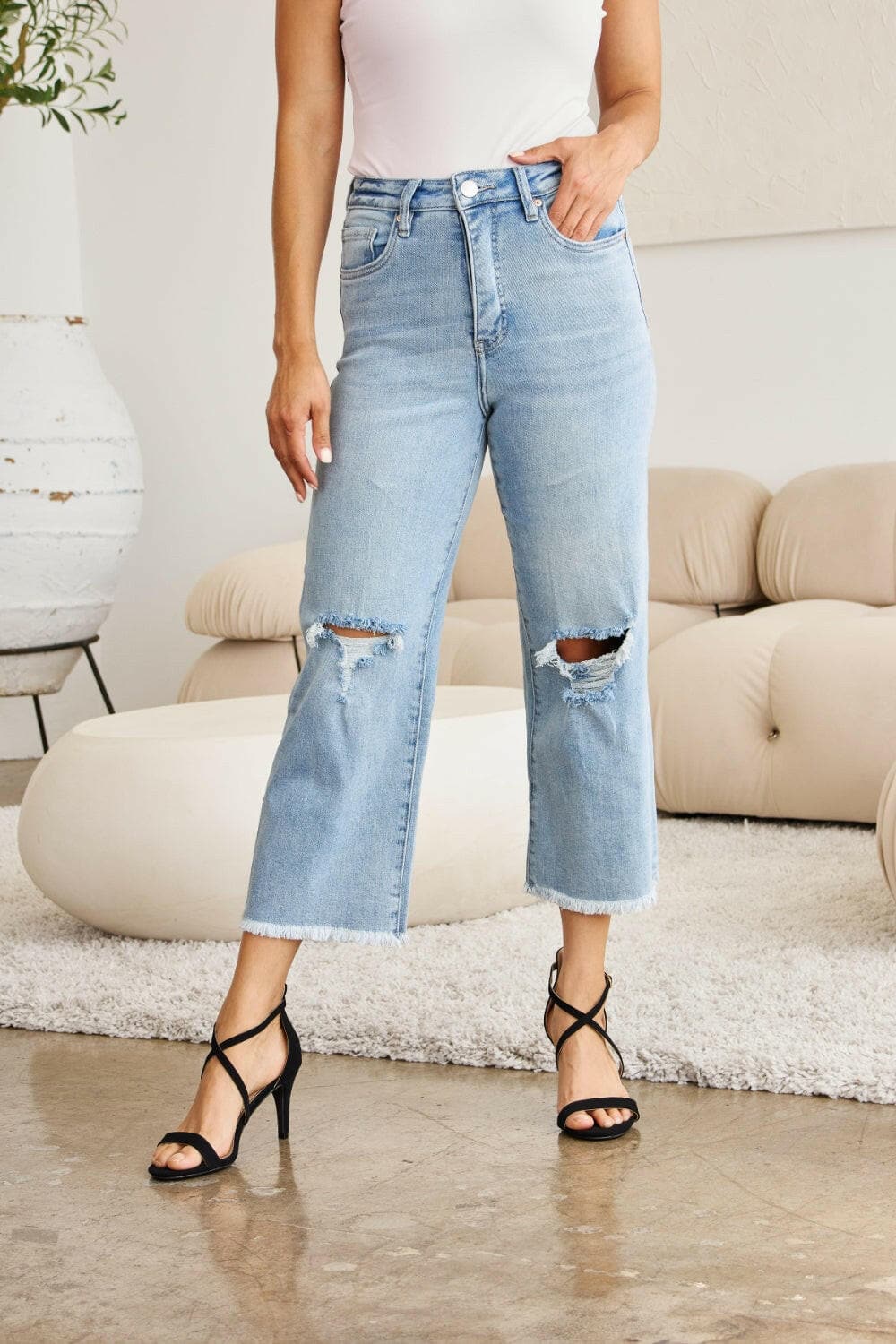 RFM Full Size Tummy Control High Waist Raw Hem Distressed Jeans.