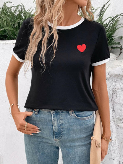 Heart Round Neck Short Sleeve T-Shirt.