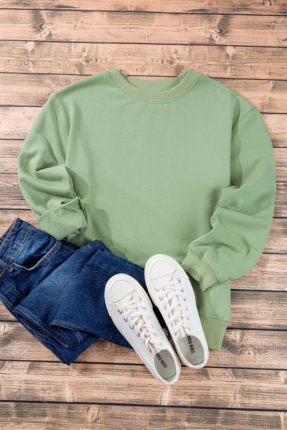 Smoke green casual drop shoulder crewneck pullover sweatshirt