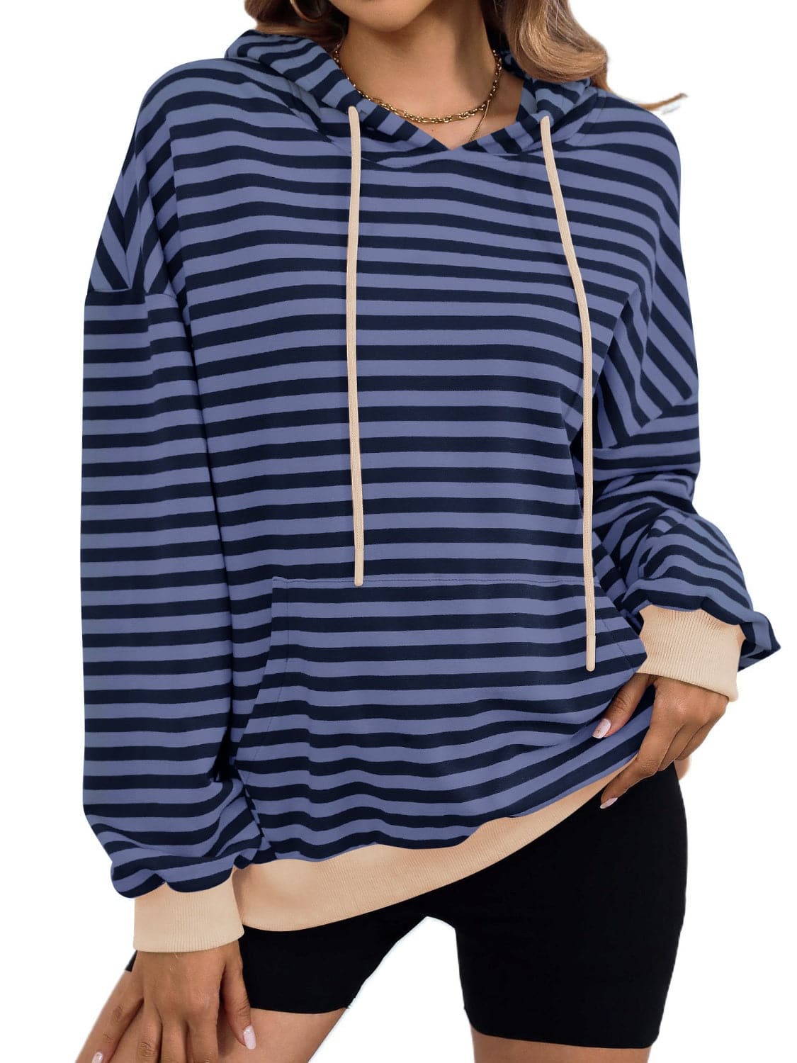 Drawstring Striped Long Sleeve Hoodie.