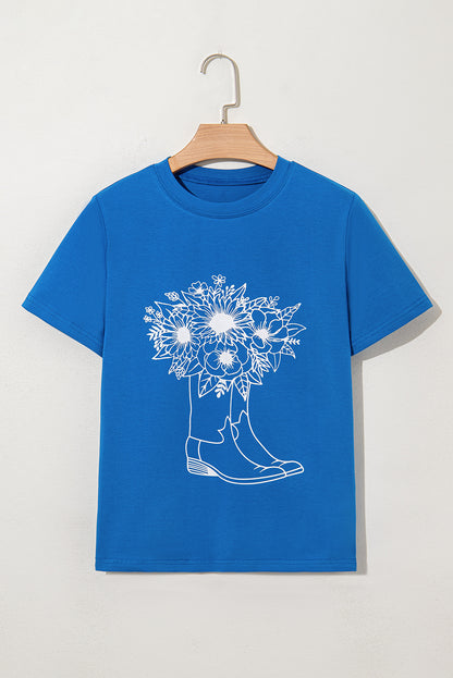 Blue Sunflower Boots Graphic Western Fashion T Shirt for Women