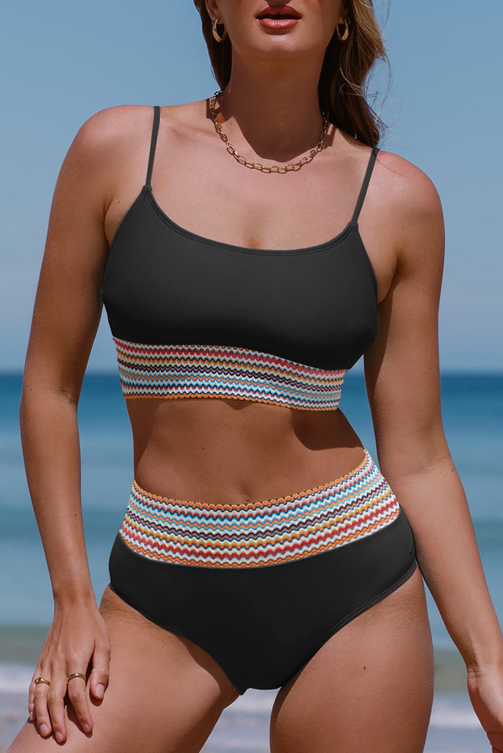 Trendy black striped high waist bikini with spaghetti straps and patchwork design