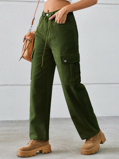 Drawstring Mid-Rise Waist Straight Cargo Jeans.