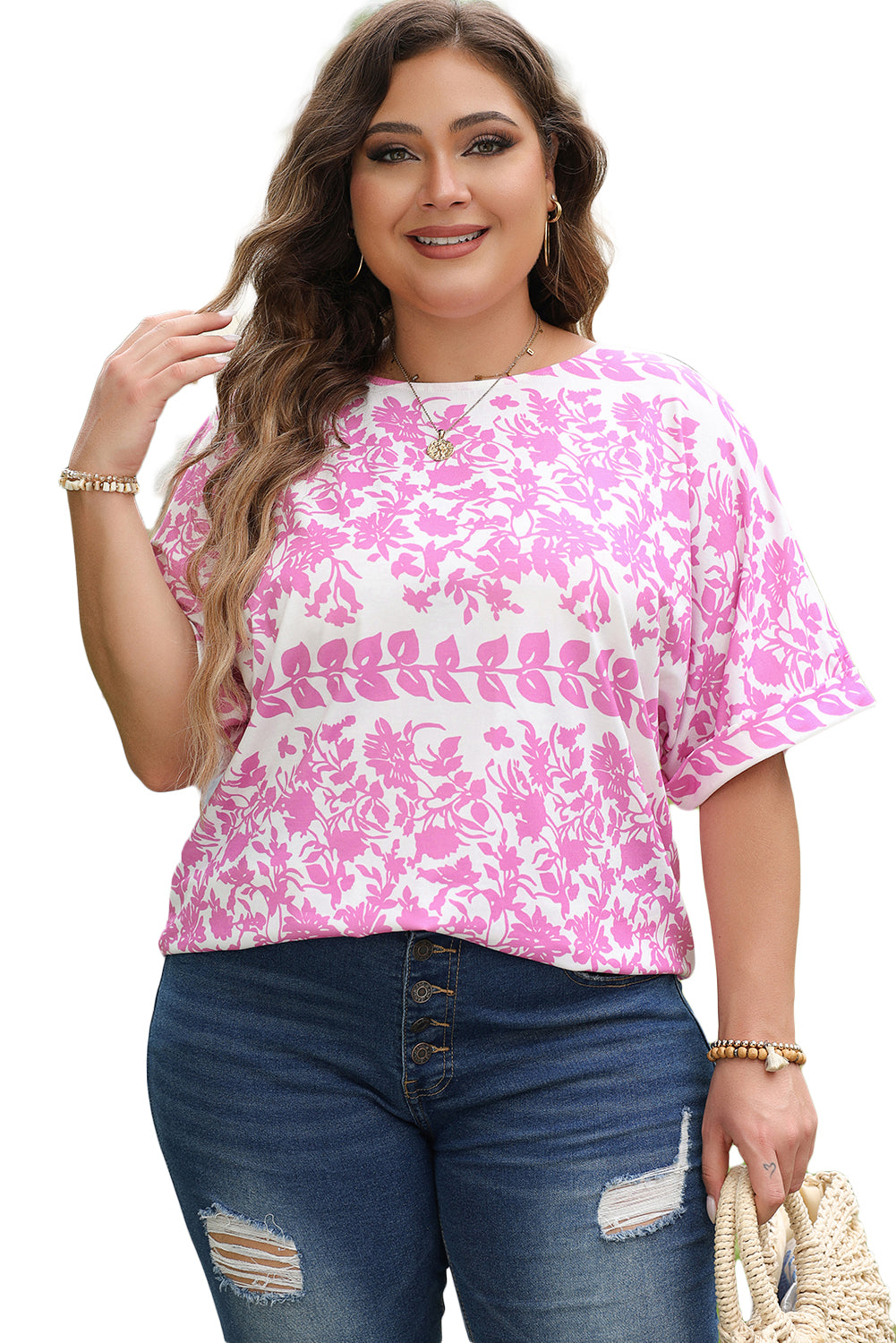 Floral charm plus size curved hem t-shirt in white