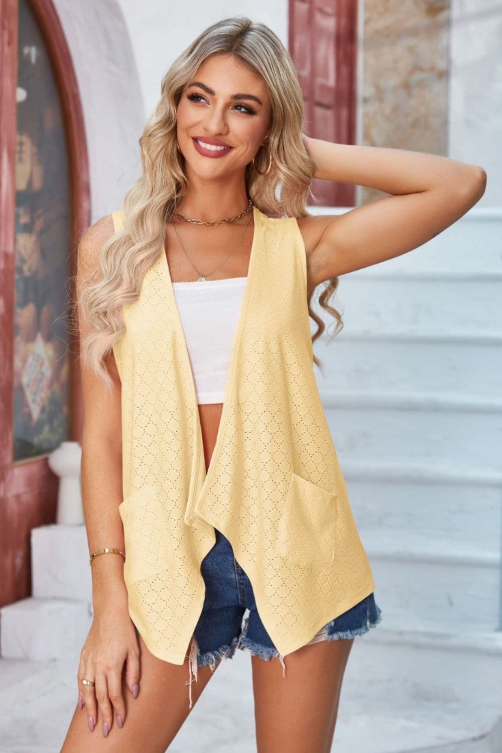 Eyelet Open Front Sleeveless Cardigan.