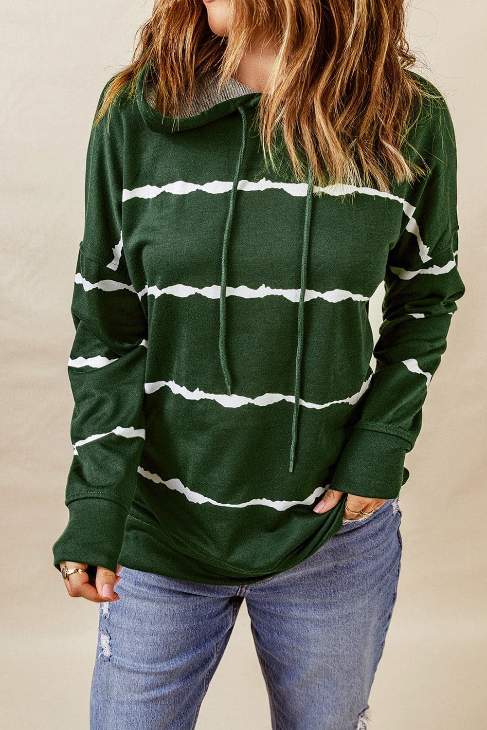 Drawstring Striped Dropped Shoulder Hoodie.