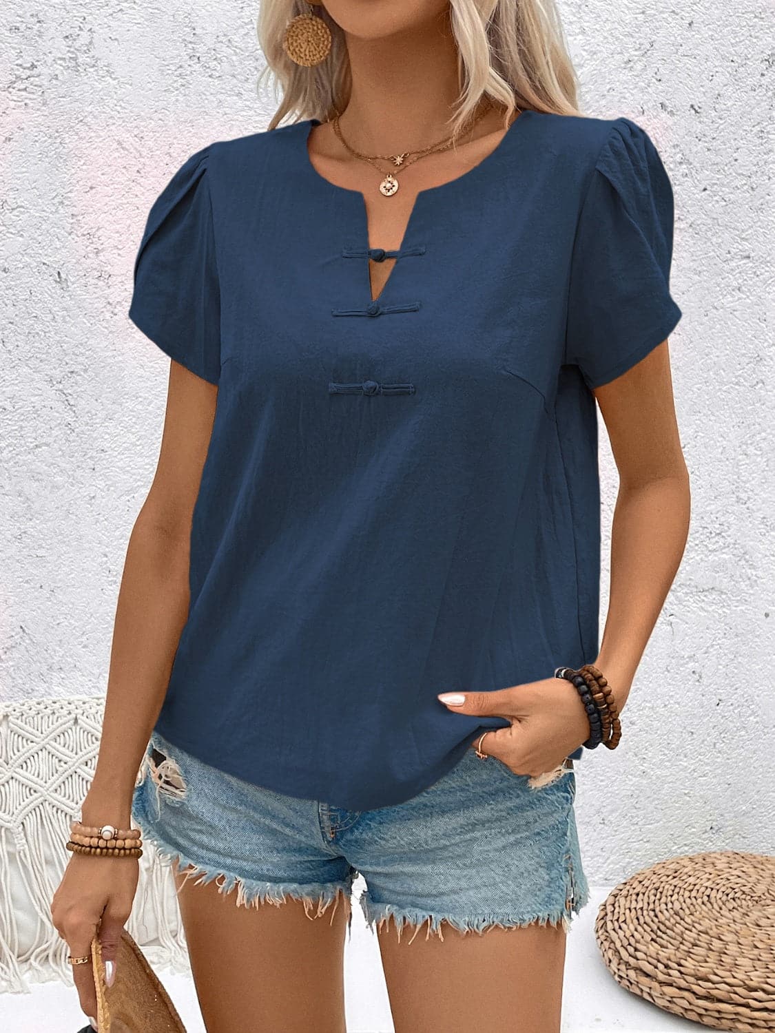 Notched Short Sleeve Blouse.