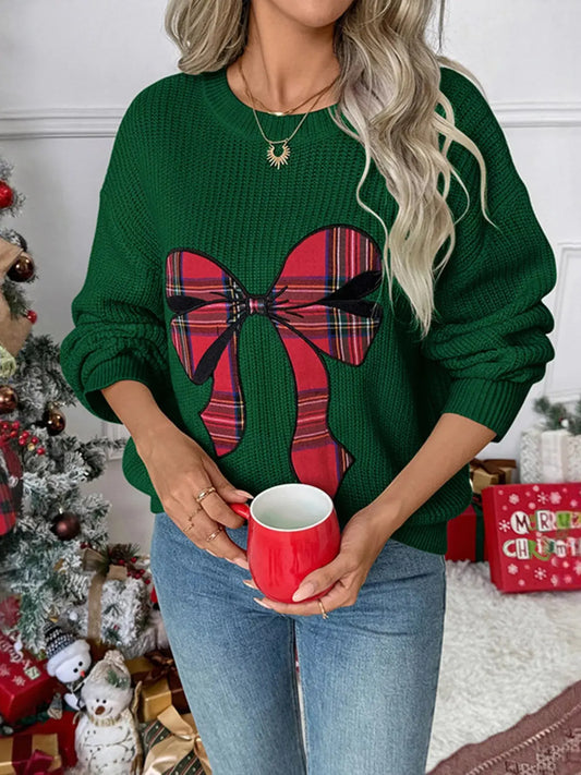 Plaid Bow Round Neck Christmas Sweater Simply Love