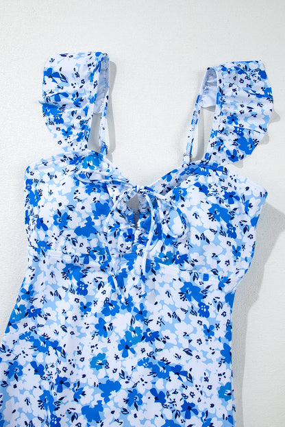 Blue Bohemian Floral Ruffled Lace-Up One-Piece Swimsuit