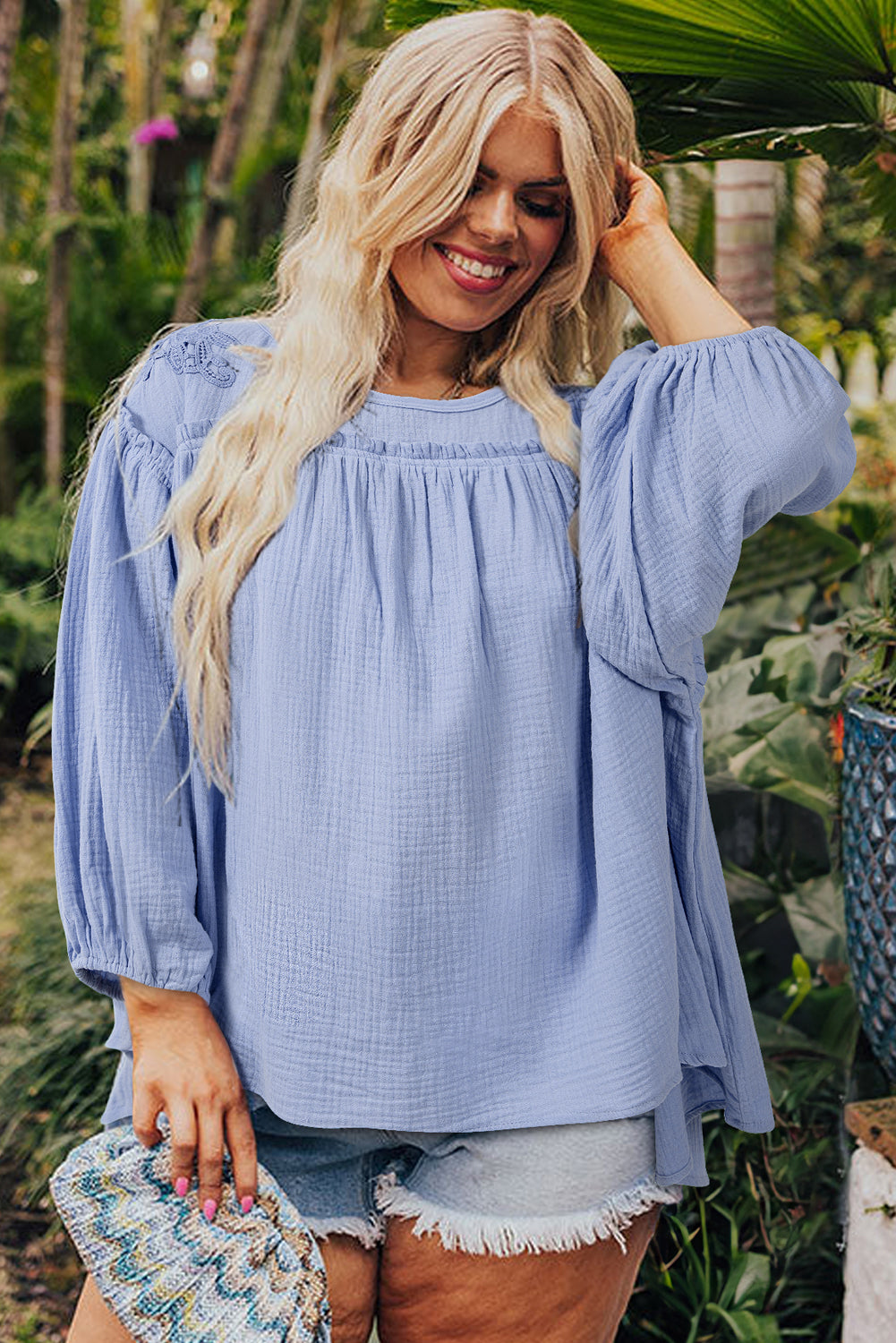 Elegant plus size crochet detail babydoll blouse in beau blue