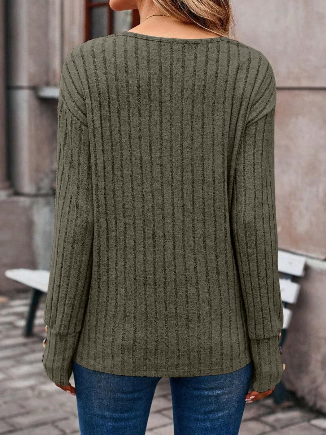 Ribbed V-Neck Long Sleeve T-Shirt.