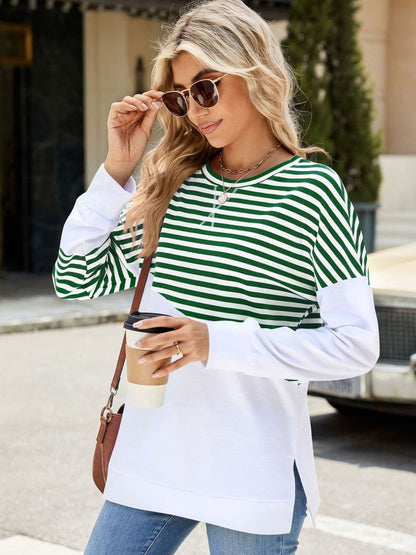 Slit Contrast Striped Long Sleeve Sweatshirt.