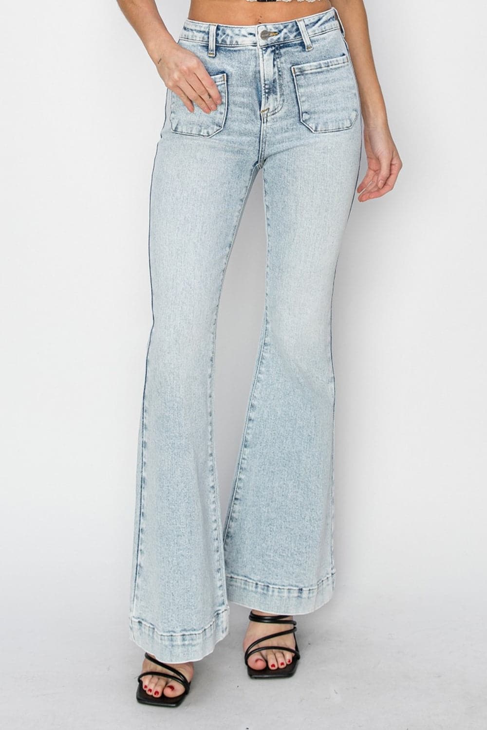 Risen Full Size High Rise Front Patch Pocket Flare Jeans.