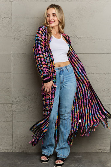 Multicolored Open Front Fringe Hem Cardigan.