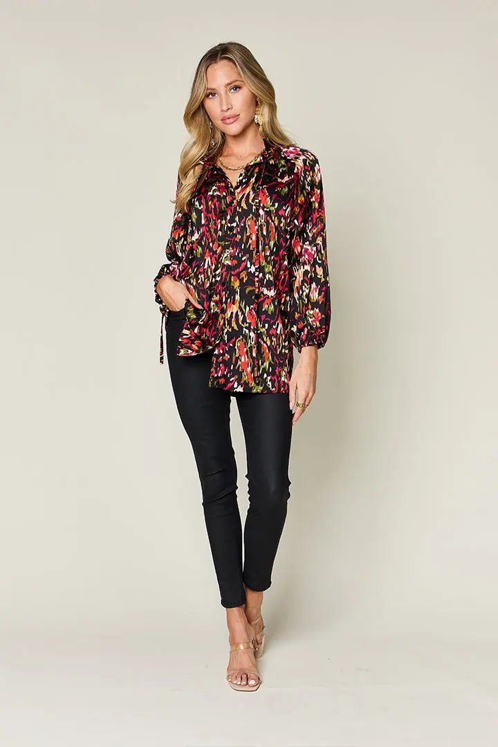 Double Take Full Size Printed Button Up Long Sleeve Shirt - Love Salve