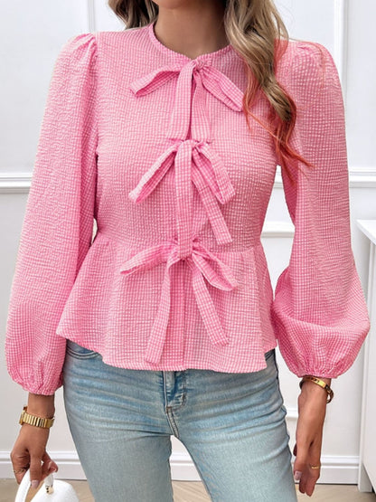 Tied neck sheer long sleeve blouse