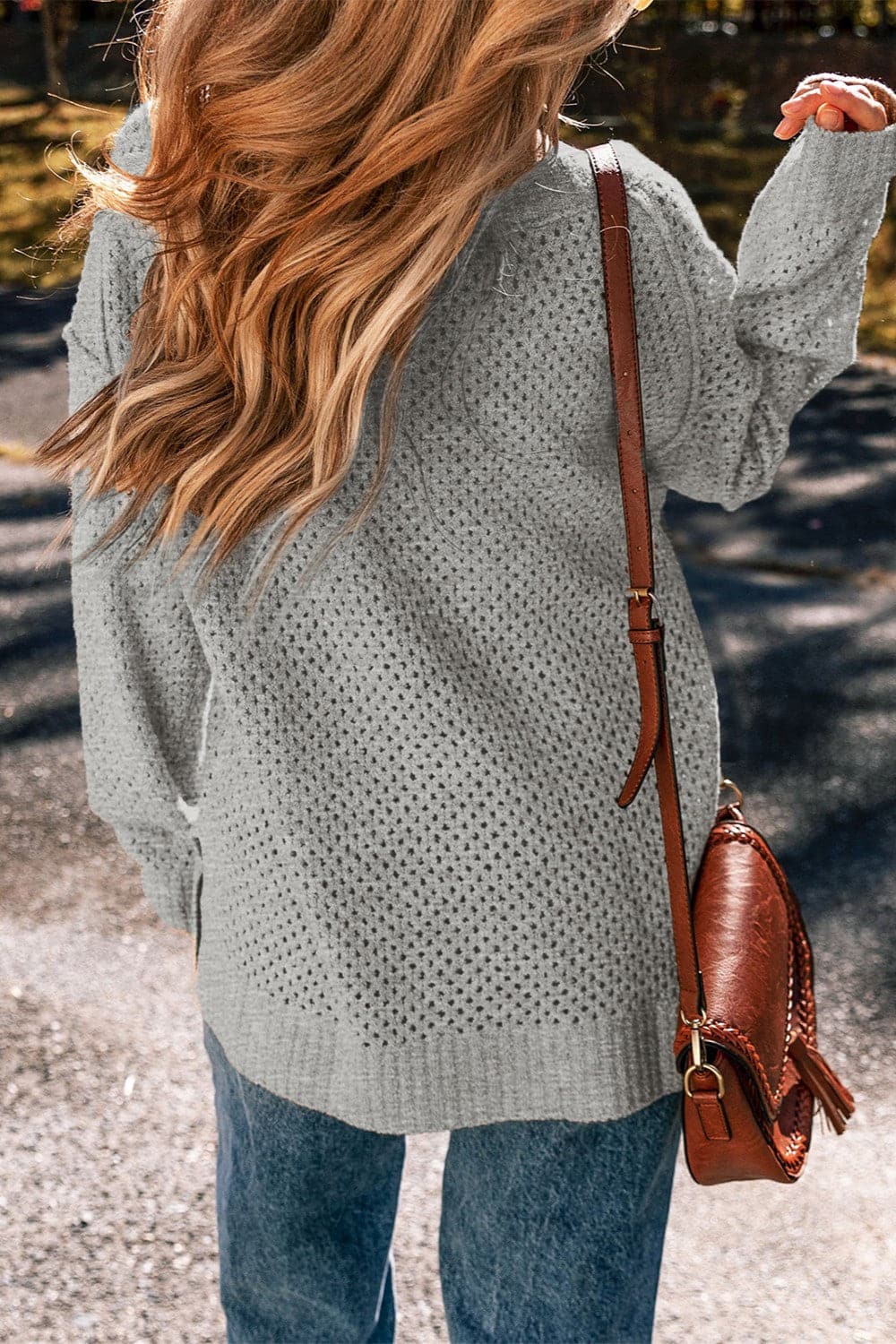 Openwork V-Neck Dropped Shoulder Sweater.