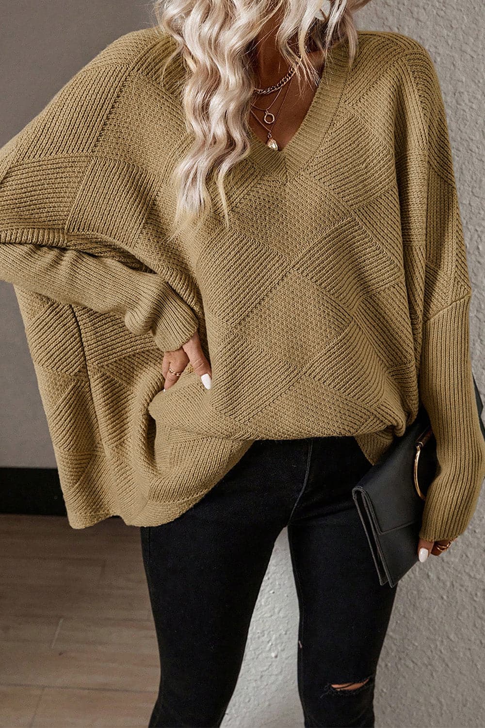 V-Neck Batwing Sleeve Pullover Sweater.