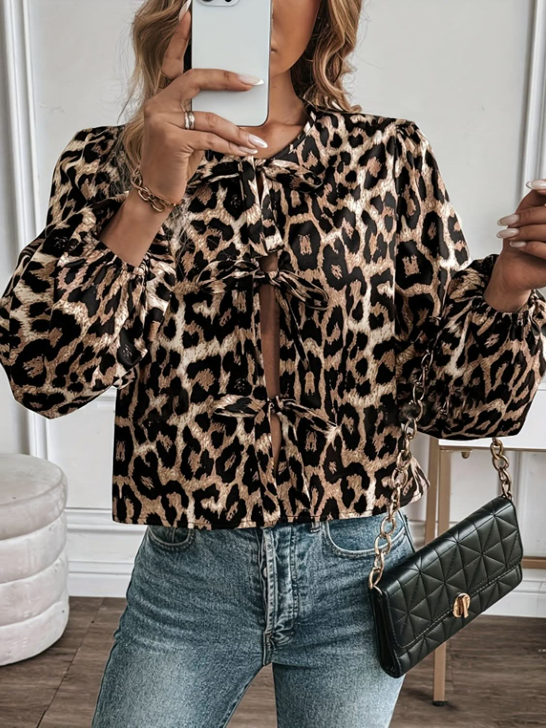 Leopard Print Tied Long Sleeve Round Neck Blouse