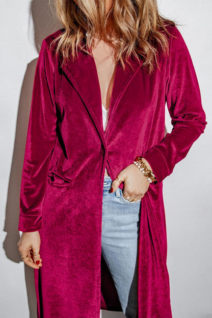 Collared Neck Longline Velvet Cardigan with Pockets.