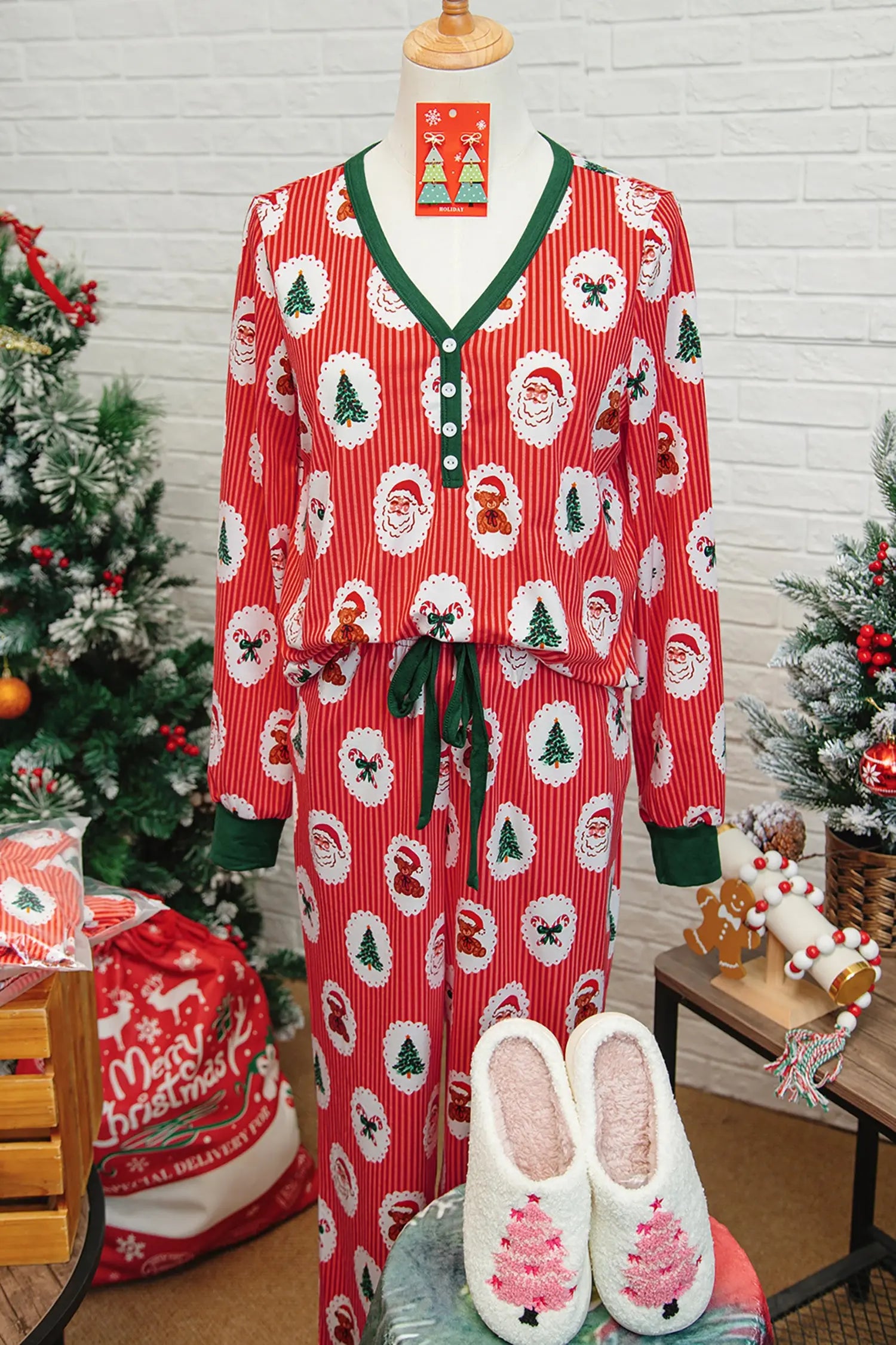 Red Stripe Christmas Print Henley V Neck Pullover And Jogger Pants Lounge Set Dear-Lover Dropshipping