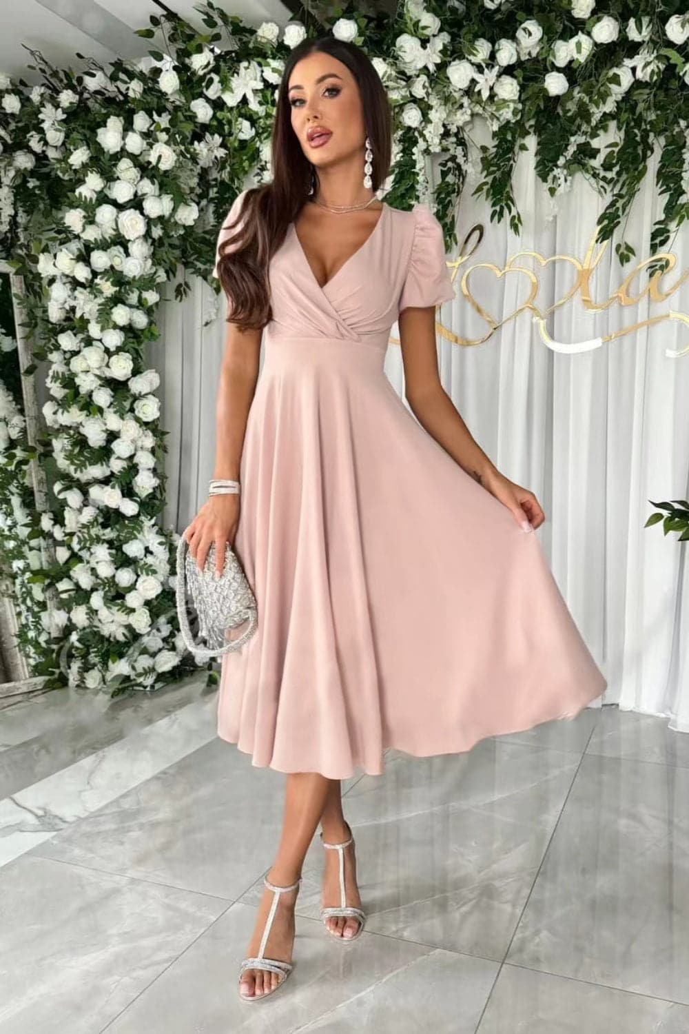 Surplice Puff Sleeve Midi Dress.