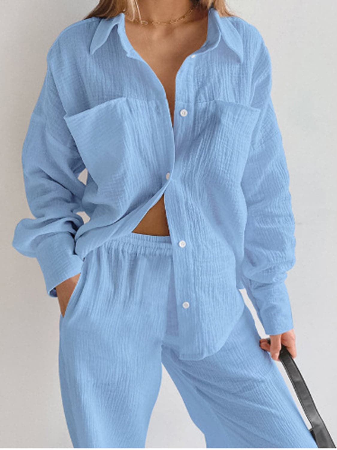 Texture Button Up Long Sleeve Shirt and Pants Set.