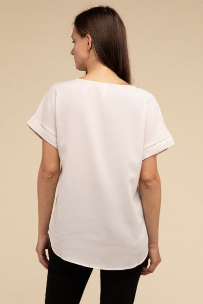 Woven Heavy Dobby Rolled Sleeve Boat Neck Top.